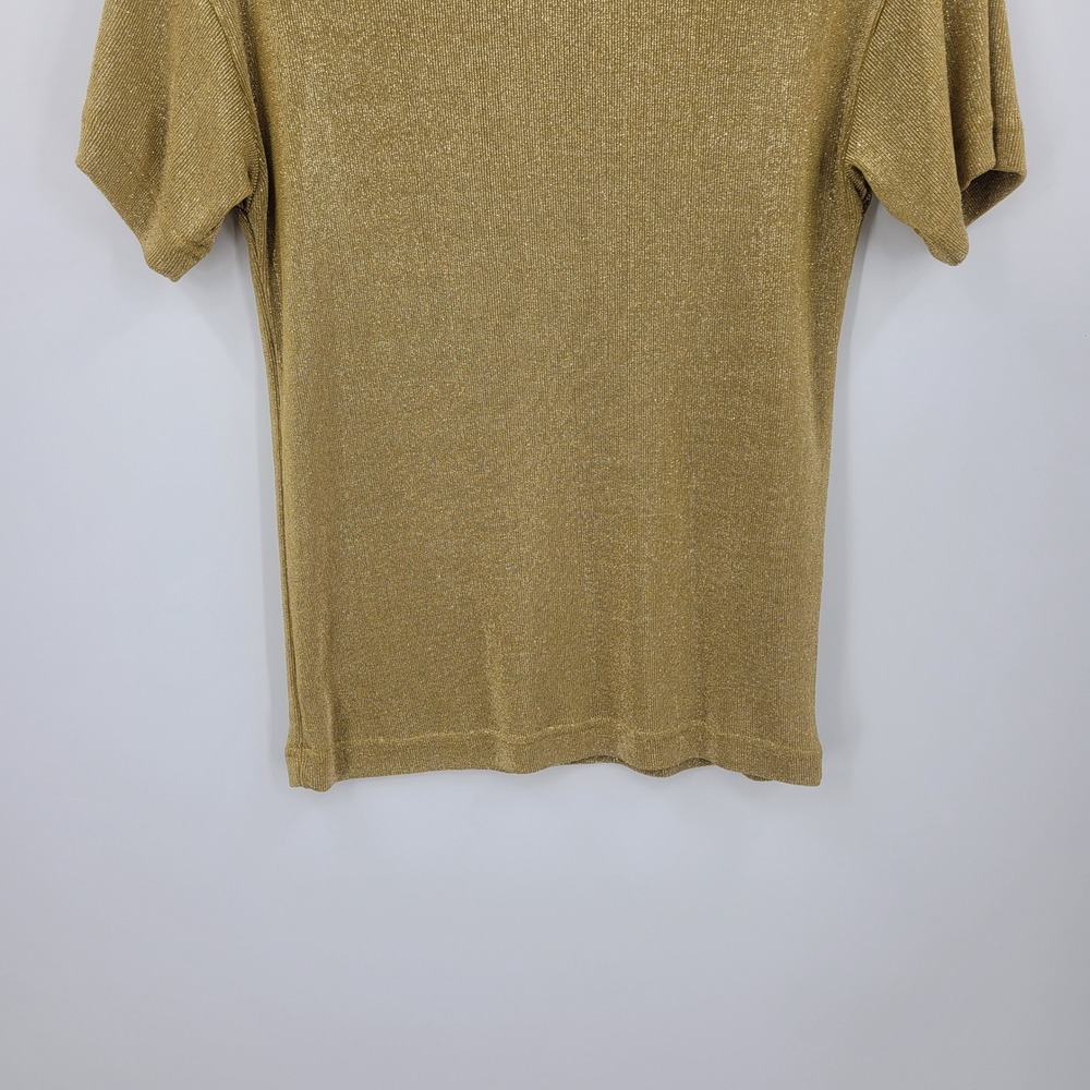 Vtg Gold Metallic Ribbed Knit Short Sleeve Top Sz S Layering Glam Cocktail - Picture 5 of 7